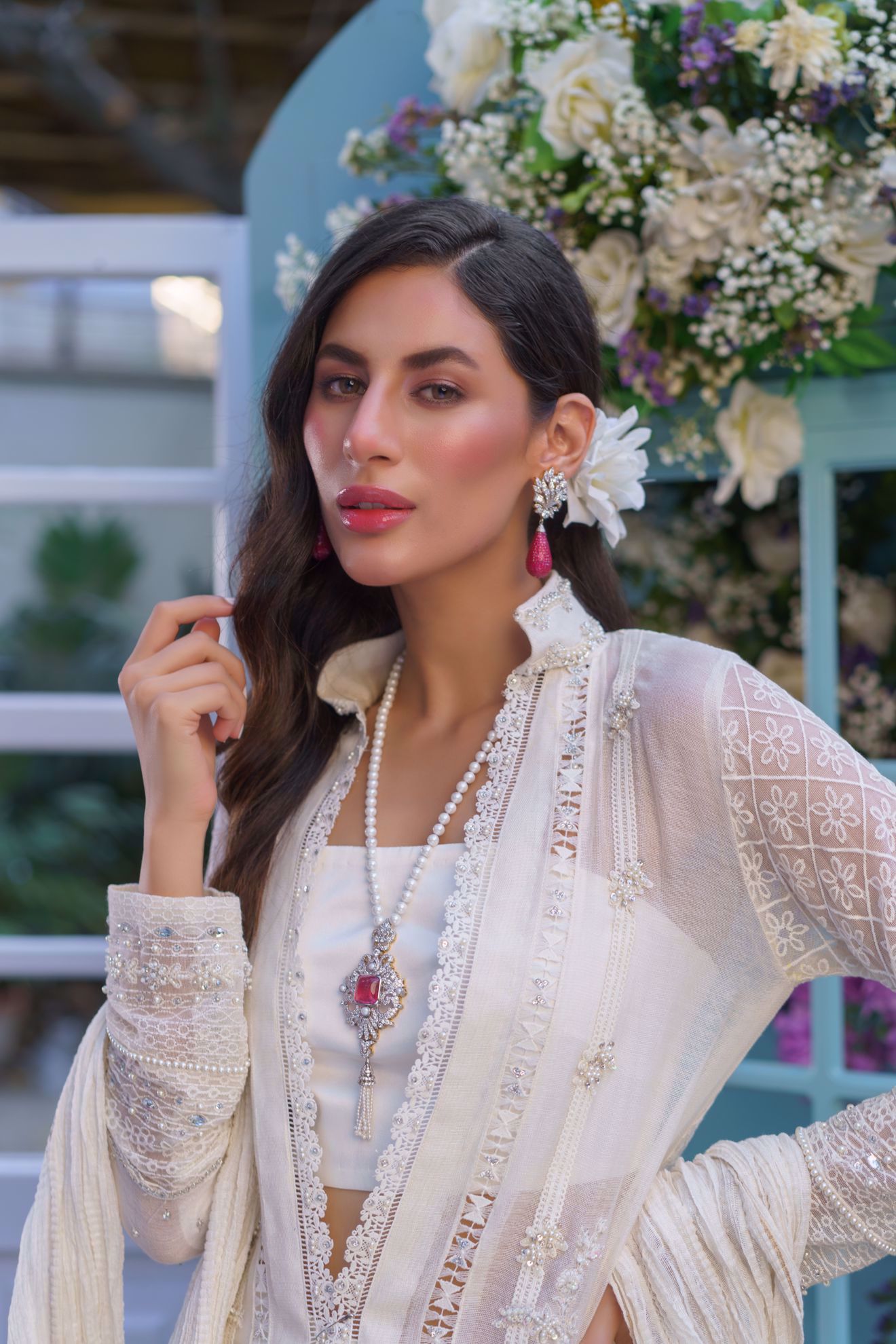 Aleeza Dove White Cotton net Jacket