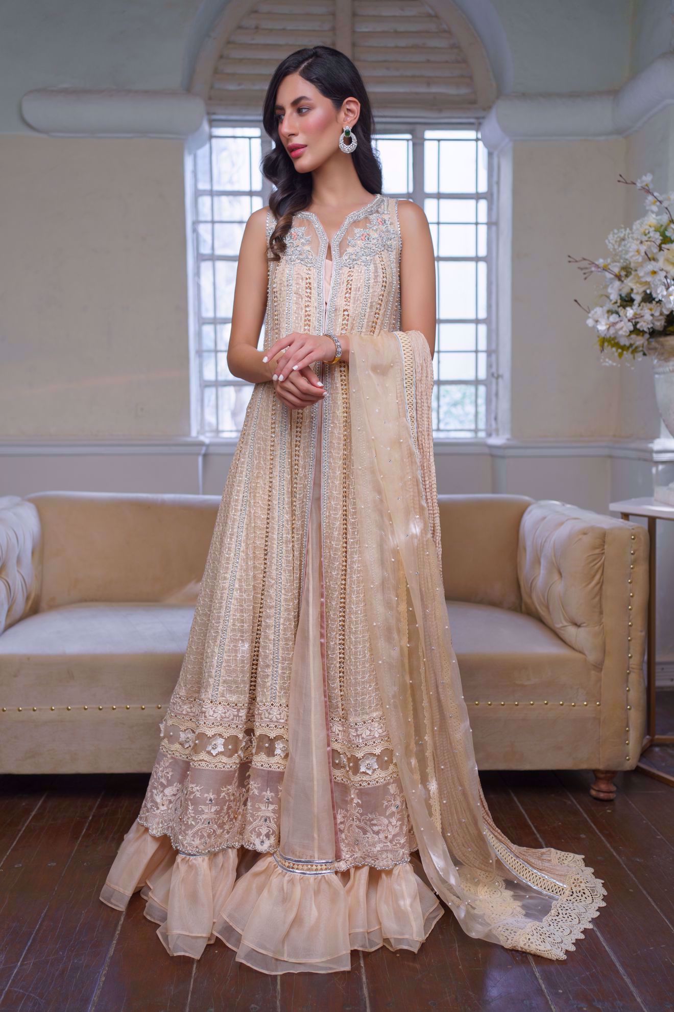 0001830 maaysa peach champagne front open chikankari kalidaar