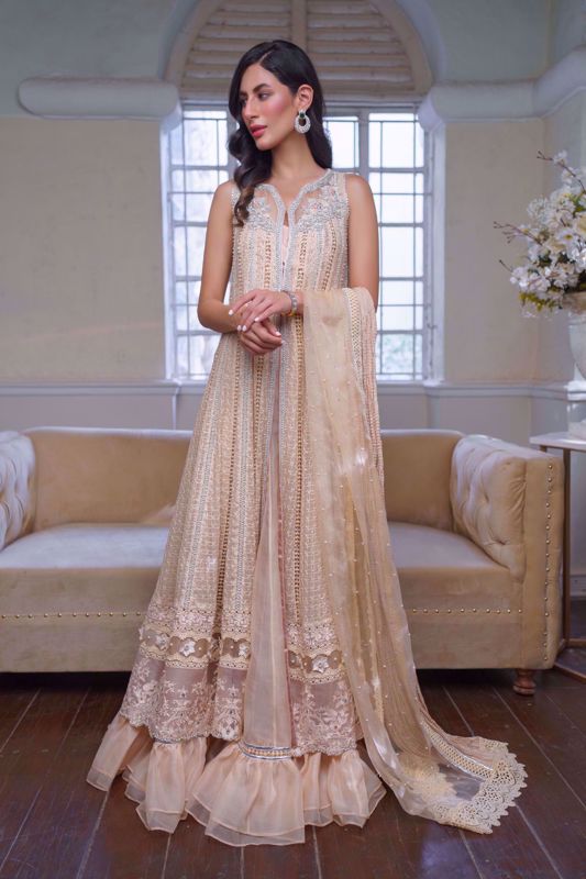 Picture of Maaysa, Peach Champagne front open Chikankari Kalidaar