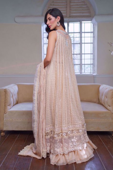 Maaysa, Peach Champagne front open Chikankari Kalidaar