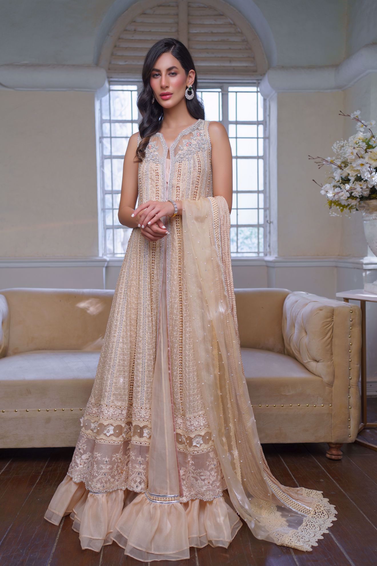 Picture of Maaysa, Peach Champagne front open Chikankari Kalidaar